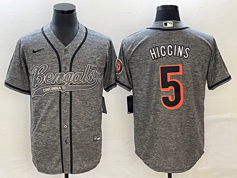 Men's Cincinnati Bengals #5 Tee Higgins Grey With Patch Cool Base Stitched Baseball Jersey